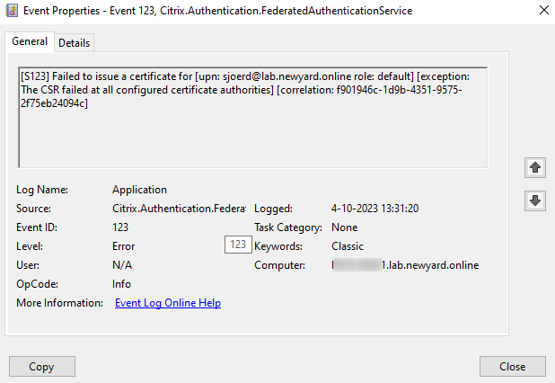 [S123] Failed to issue a certificate for UPN. Citrix FAS Failed request for a Certificate. 