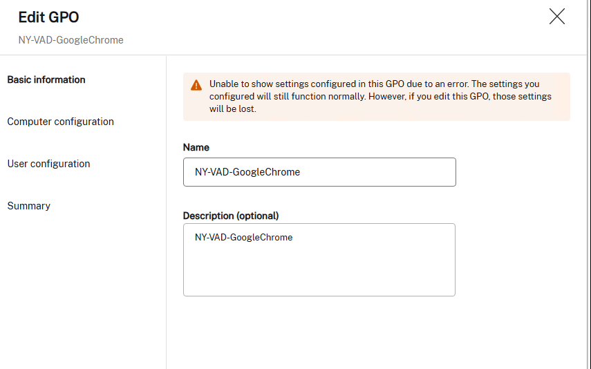 Unable to show settings configured in this GPO due to an error. The settings you configured will still function normally. However, if you edit this GPO, those settings will be lost.